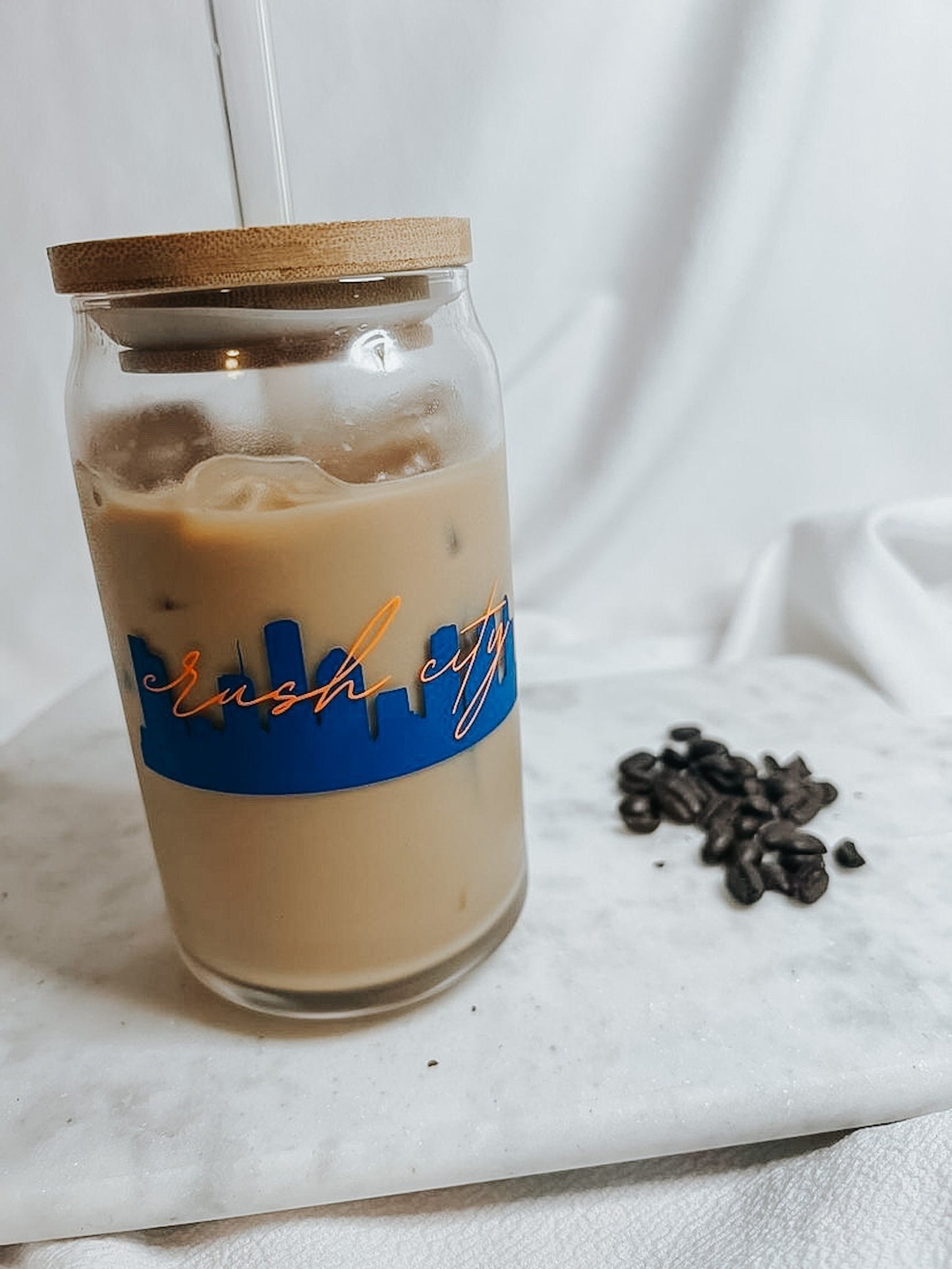 Houston Astros Glass Can | 16oz. Glass Can w/ Bamboo Lid | Astros Baseball Fan Gift | Astros Nation Front | Crush City Skyline Back